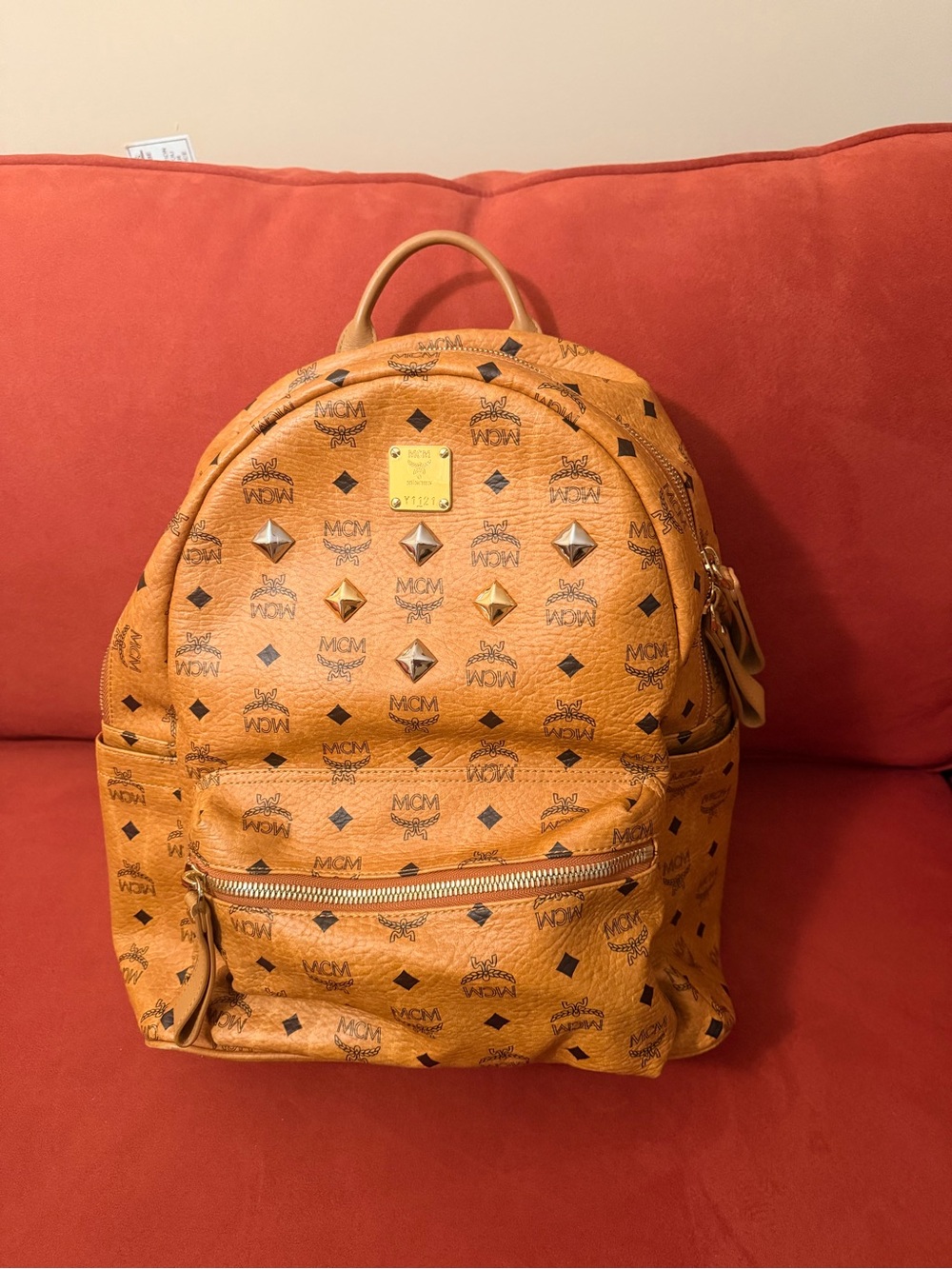 MCM Tan Visetos Logo Backpack with Gold Studs